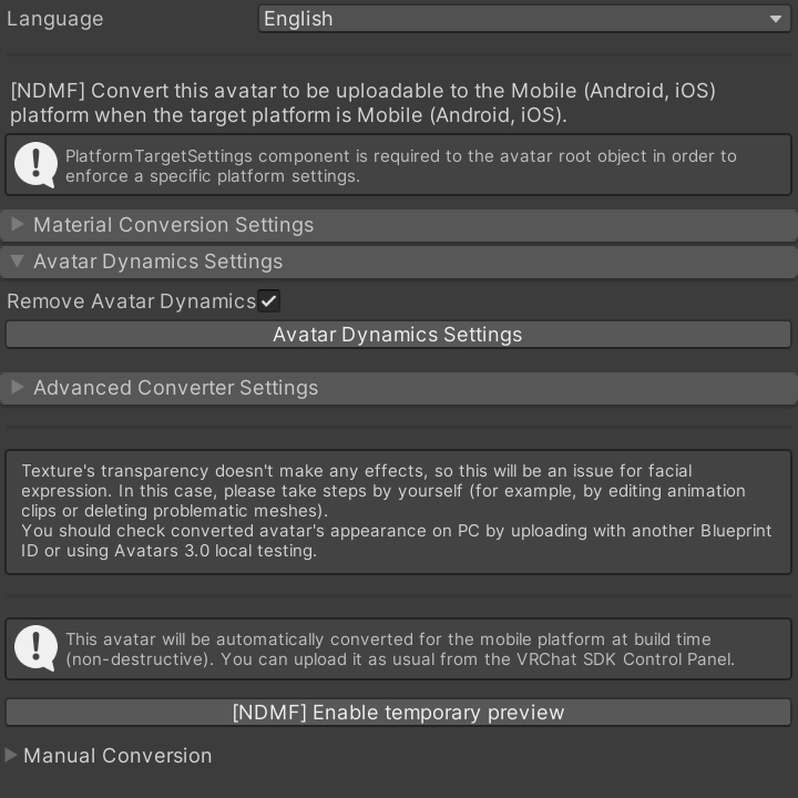 VQT Avatar Converter Settings Inspector