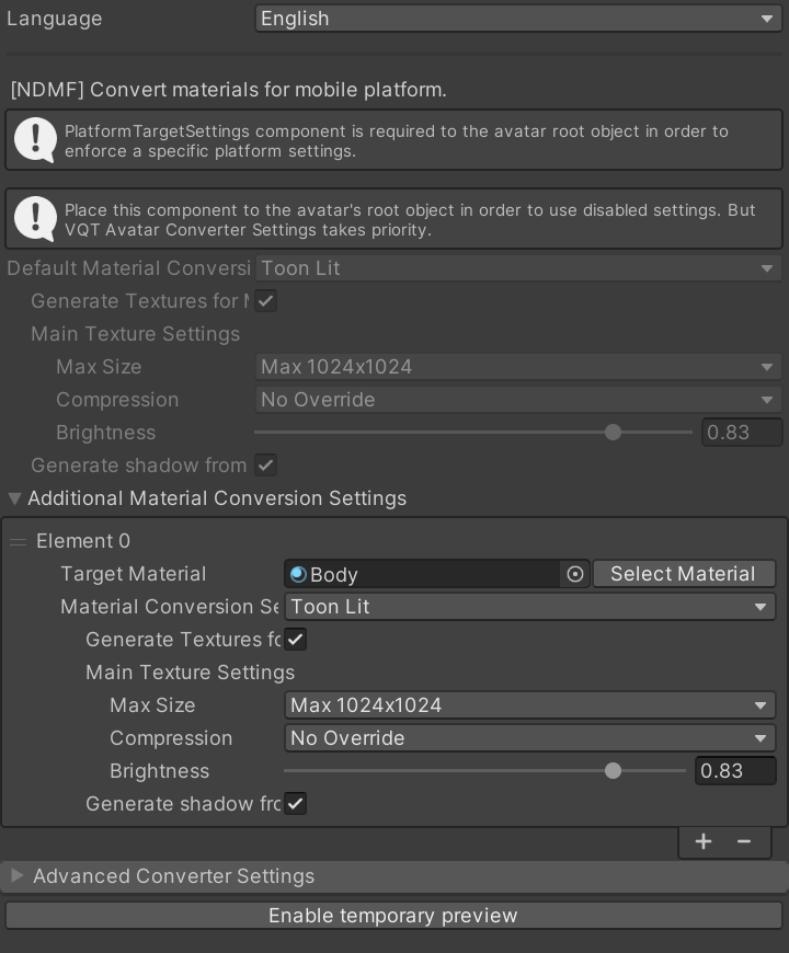 VQT Material Conversion Settings の Inspector