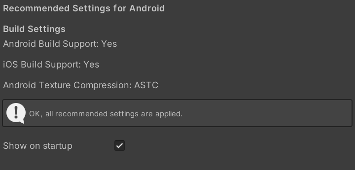 Unity Settings for Mobile ウィンドウ